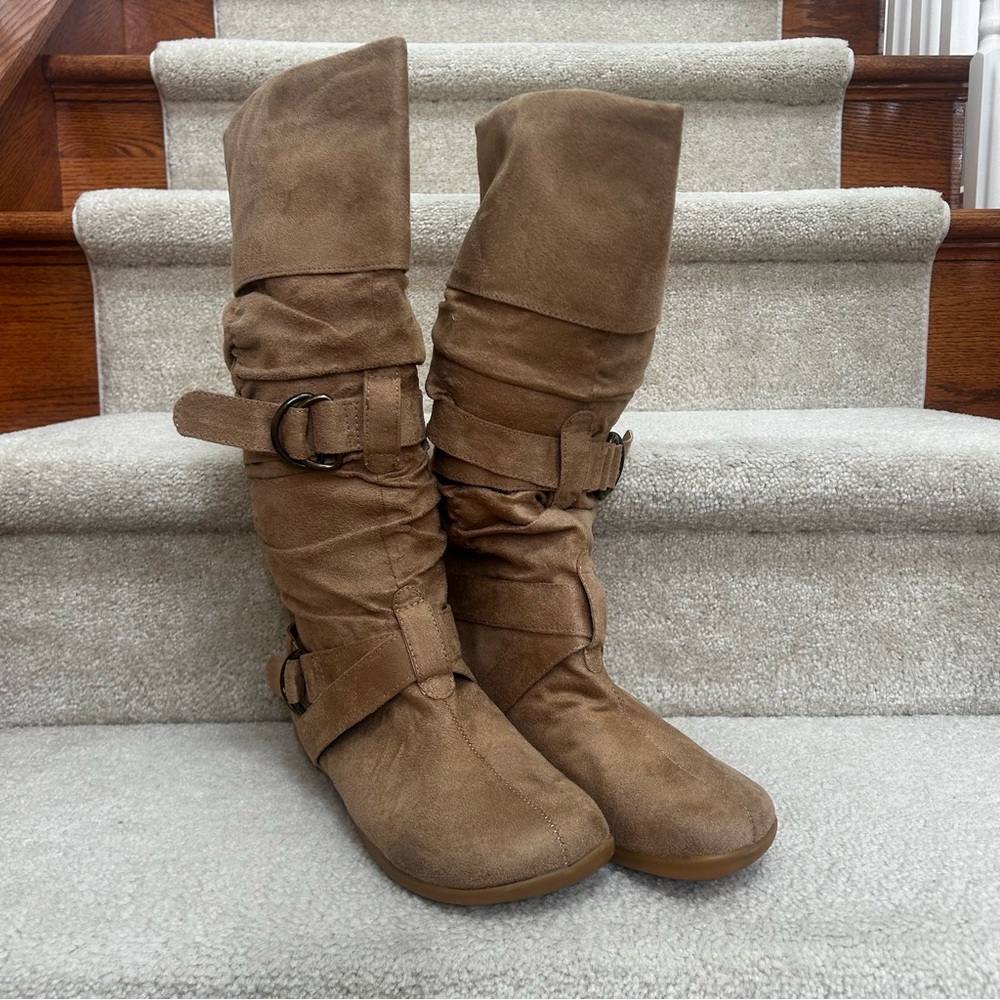 Tan Faux Suede Ruched Buckle Boots for Women